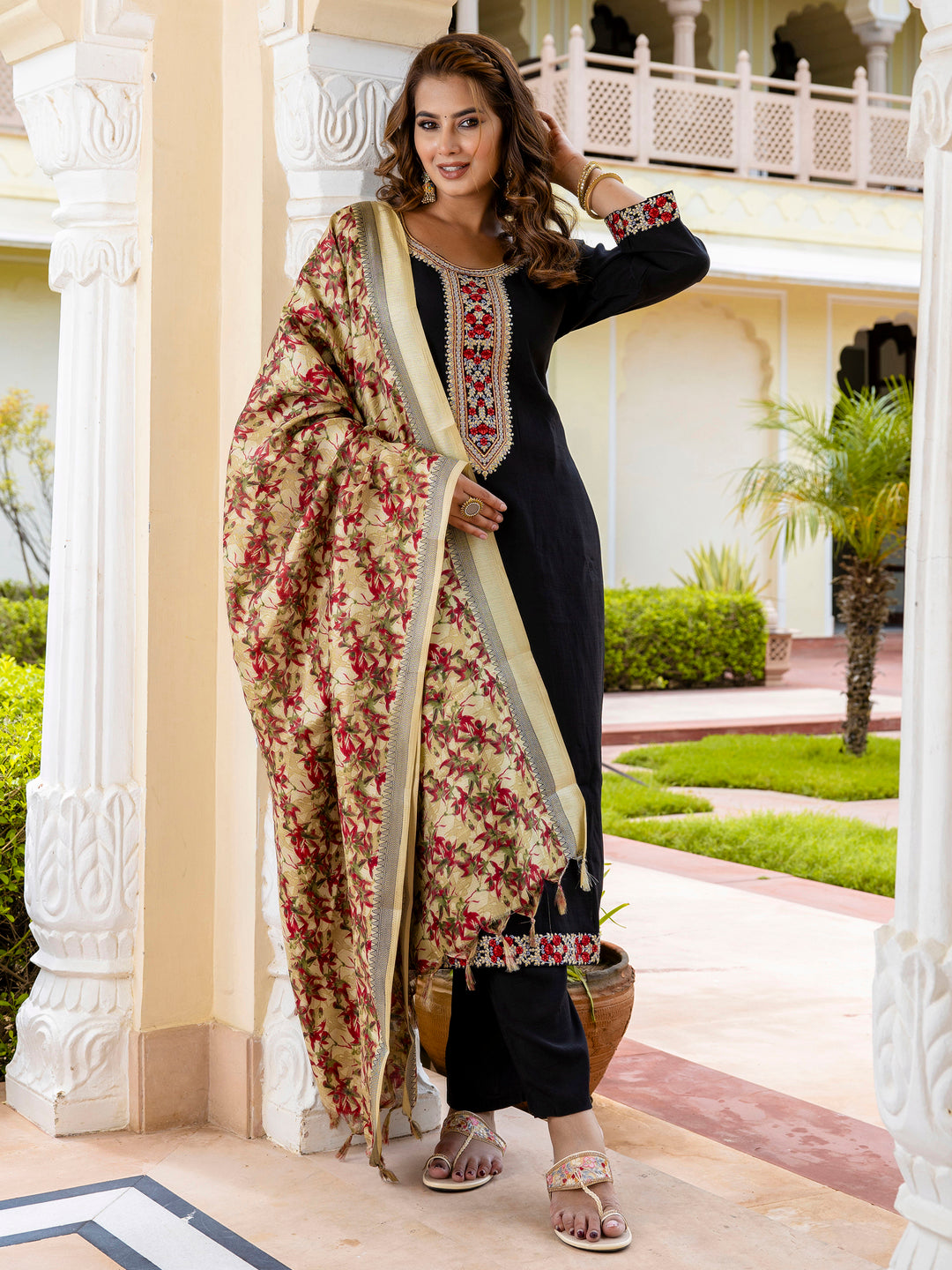 Vanumati Women’s Viscose Roman Silk Embroidery Straight Kurta Pant with Dupatta Set