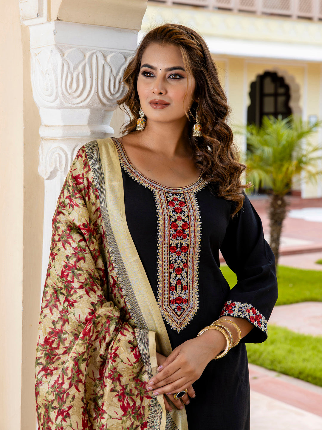 Vanumati Women’s Viscose Roman Silk Embroidery Straight Kurta Pant with Dupatta Set