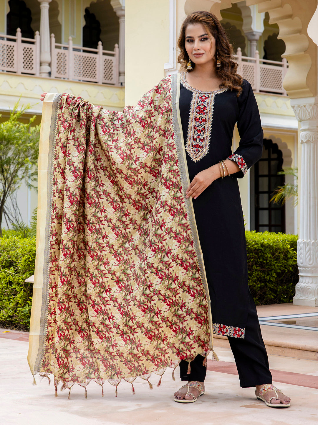 Vanumati Women’s Viscose Roman Silk Embroidery Straight Kurta Pant with Dupatta Set