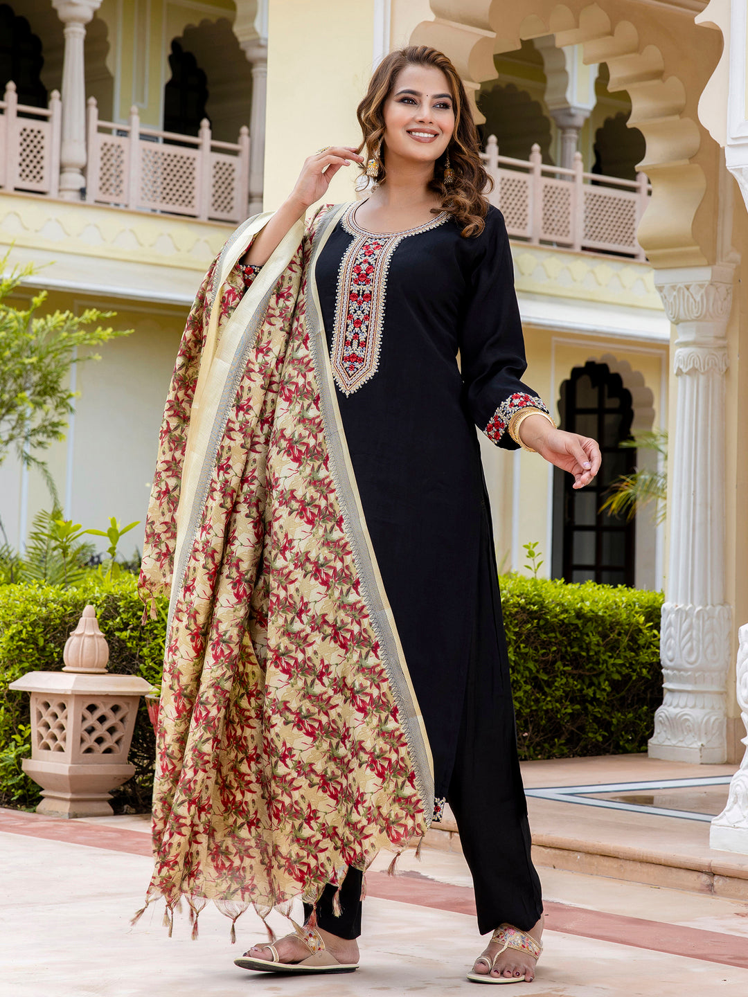 Vanumati Women’s Viscose Roman Silk Embroidery Straight Kurta Pant with Dupatta Set