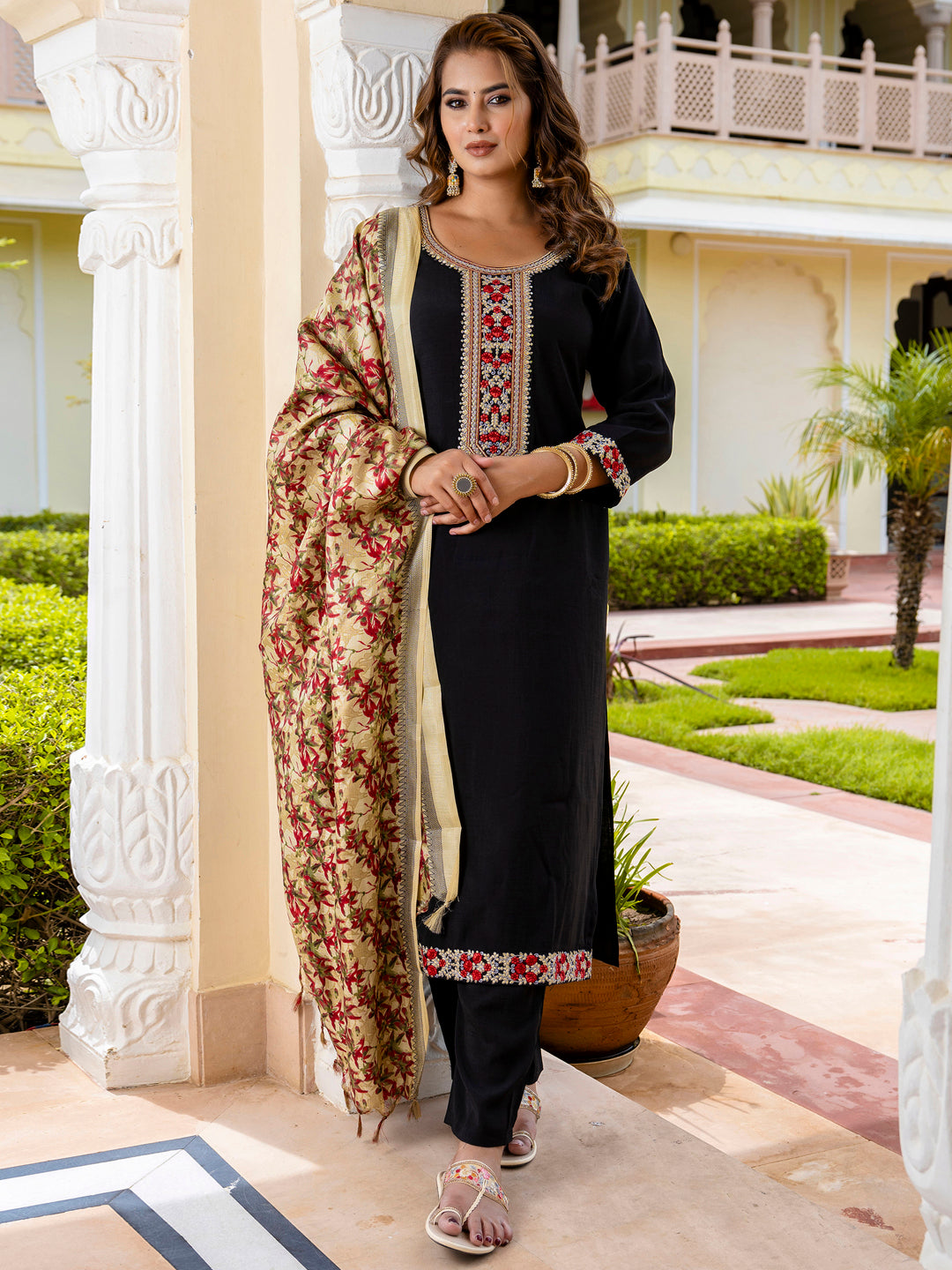 Vanumati Women’s Viscose Roman Silk Embroidery Straight Kurta Pant with Dupatta Set