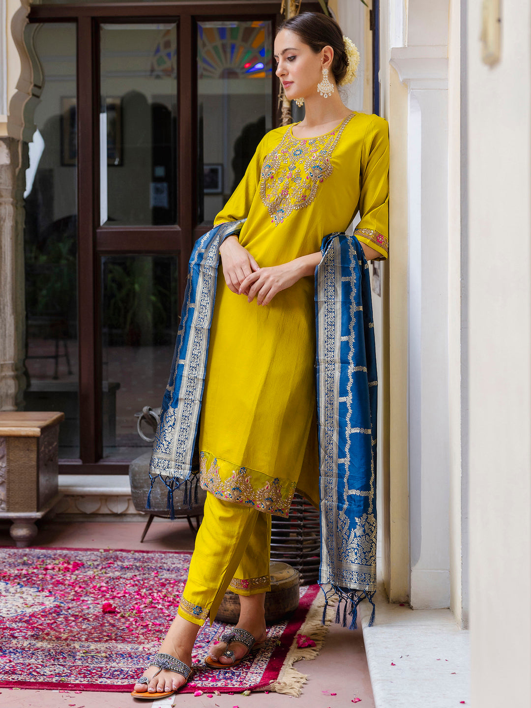 Aurika Viscose Rayon Embroidered Straight Kurta with Pant & Dupatta Set