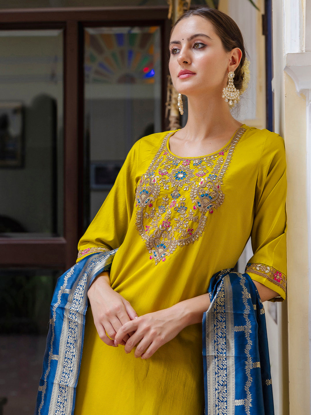 Aurika Viscose Rayon Embroidered Straight Kurta with Pant & Dupatta Set