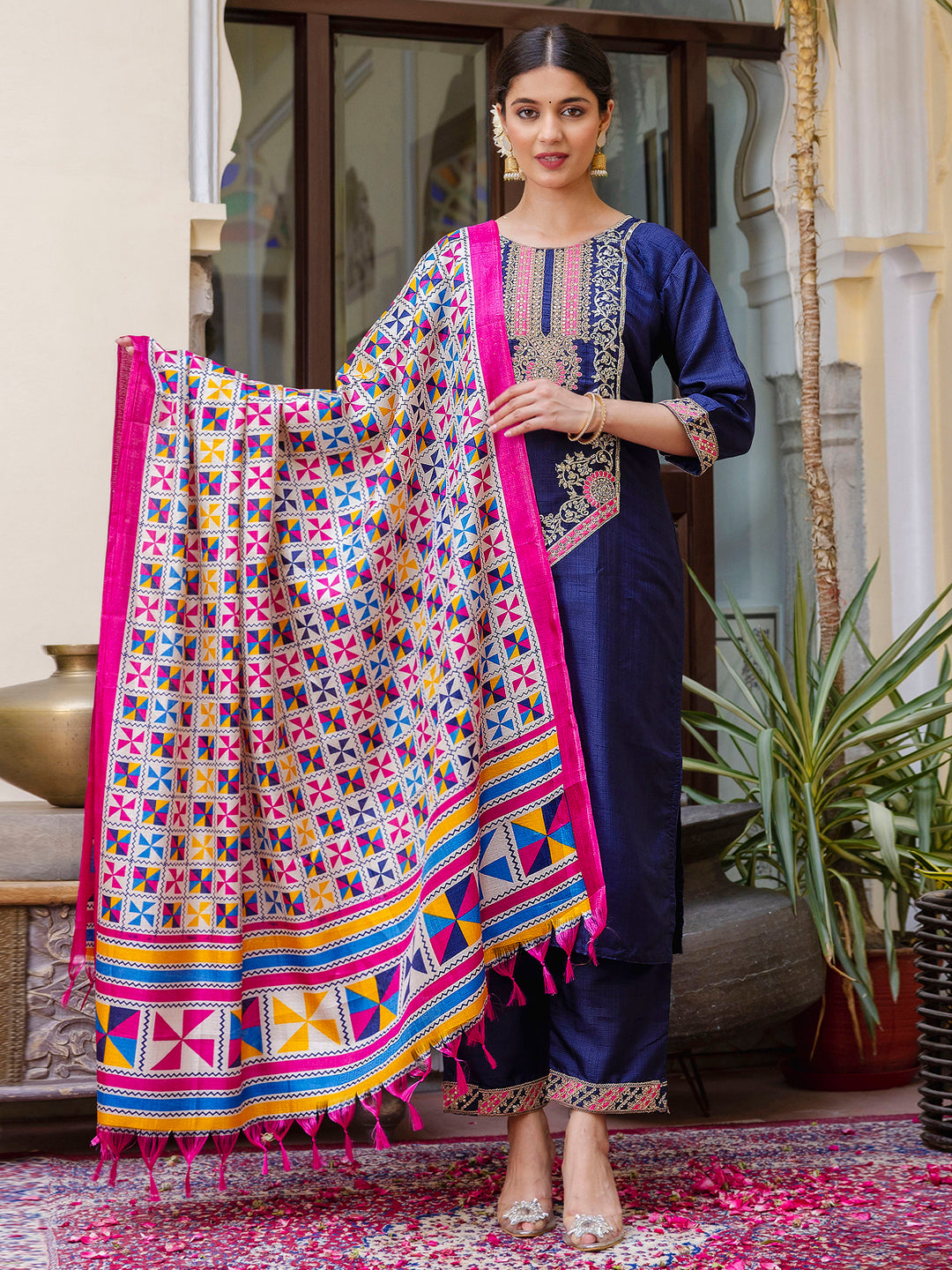 Dakshayani Embroidered Silk Blend Calf Length Straight Kurta Trouser with Dupatta Set