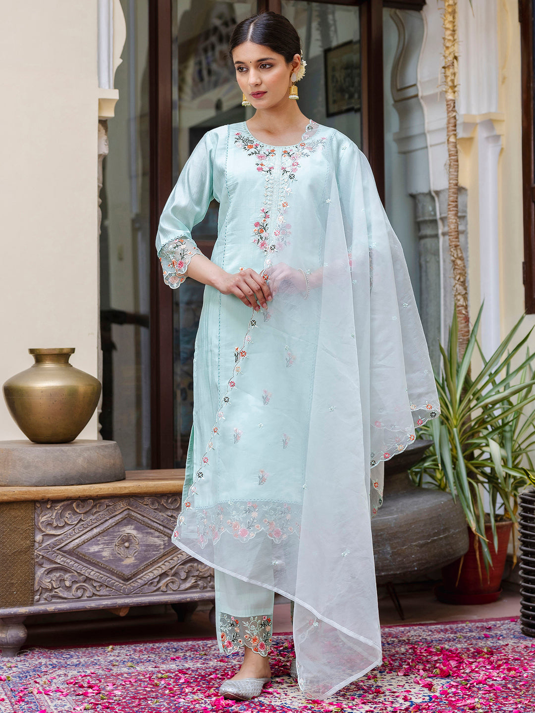 Aumrika Women Kurta and Pant Sets Viscose Roman Silk Fabric