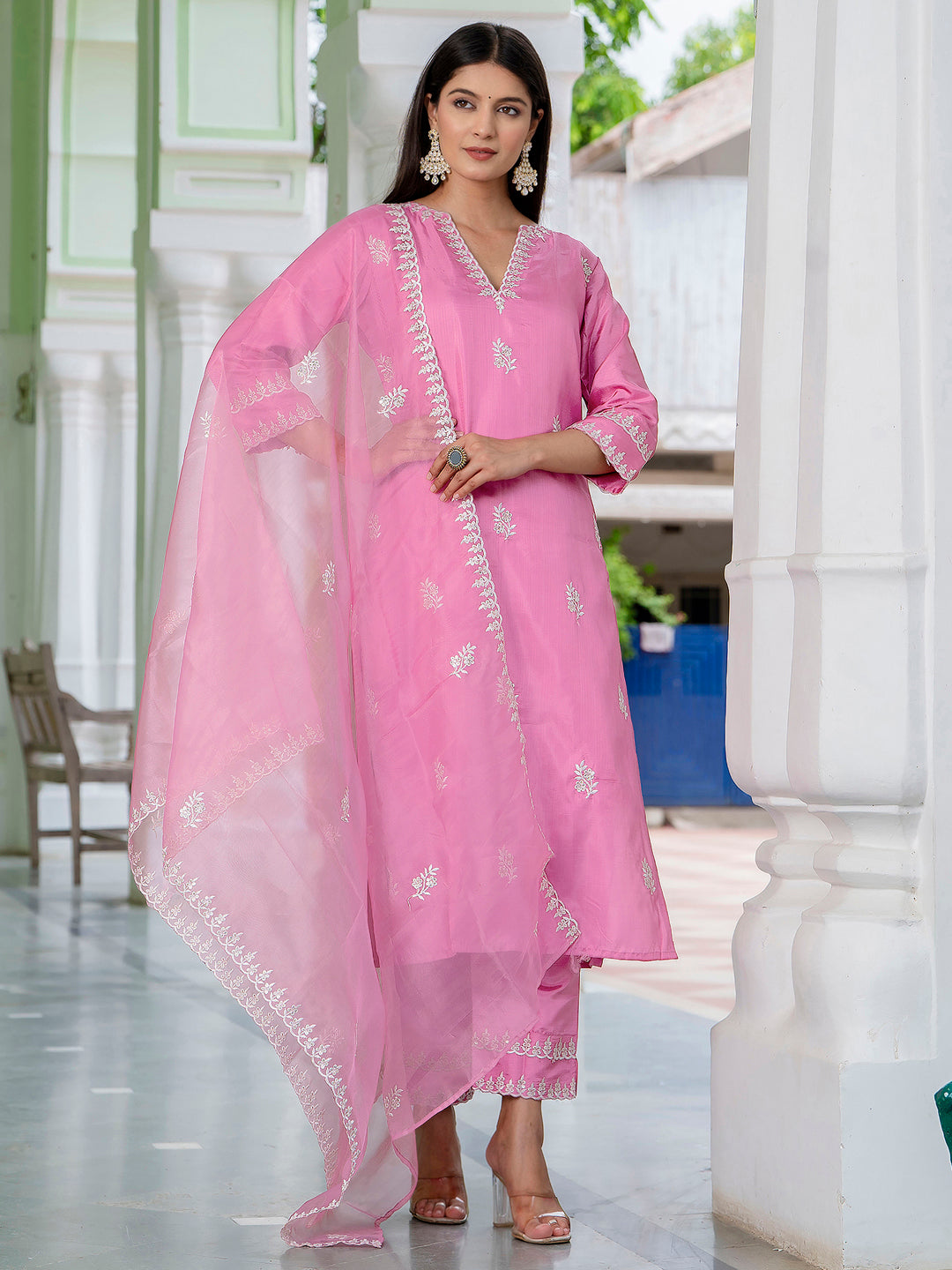 Nimaira  Pink Women's Silk Blend Embroidered Kurta with Pant & Dupatta Set