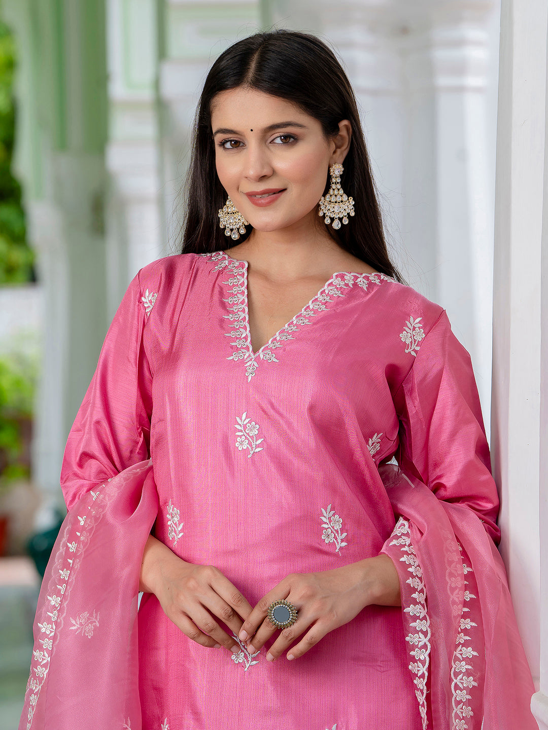 Nimaira  Pink Women's Silk Blend Embroidered Kurta with Pant & Dupatta Set