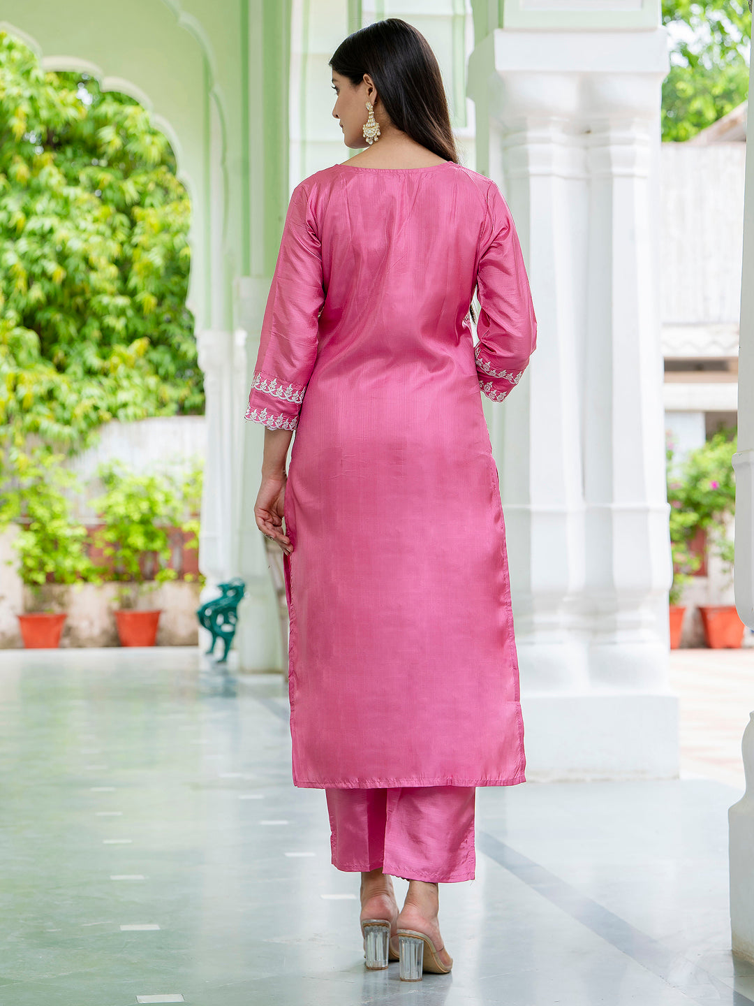 Nimaira  Pink Women's Silk Blend Embroidered Kurta with Pant & Dupatta Set
