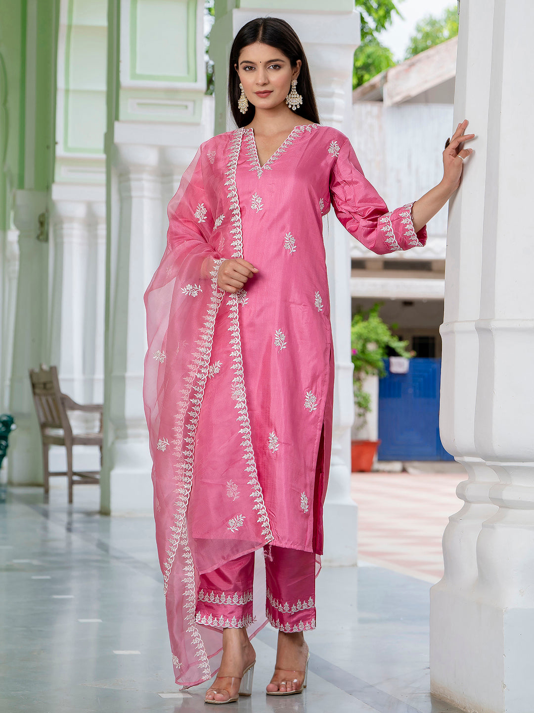 Nimaira  Pink Women's Silk Blend Embroidered Kurta with Pant & Dupatta Set
