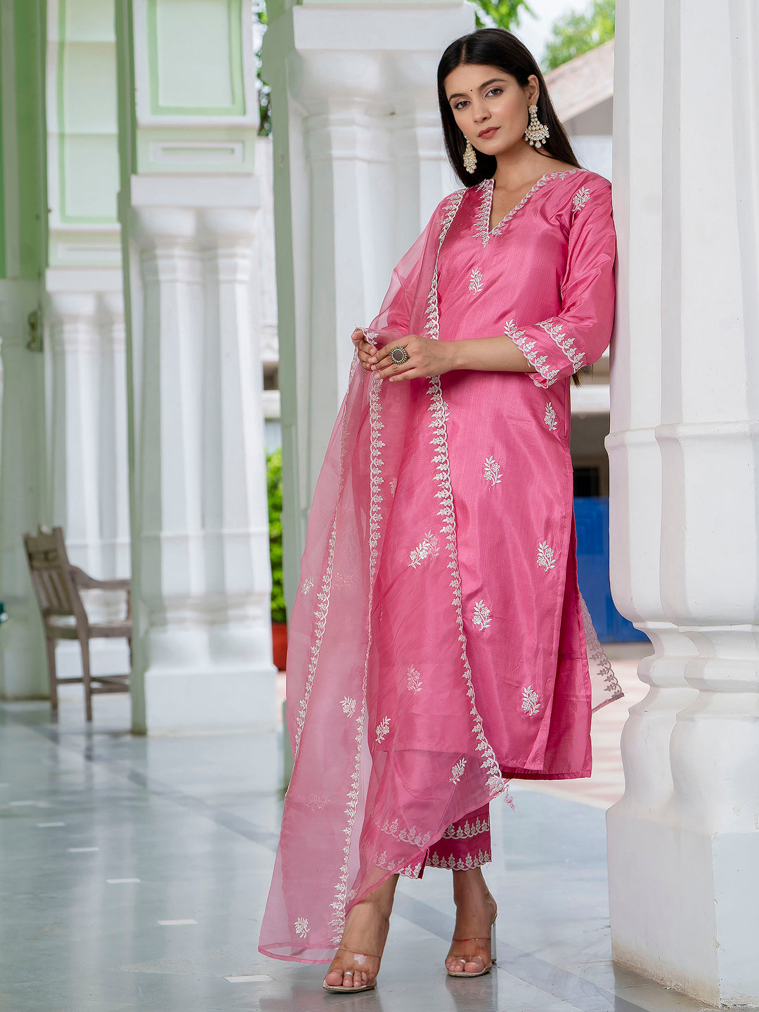 Nimaira  Pink Women's Silk Blend Embroidered Kurta with Pant & Dupatta Set