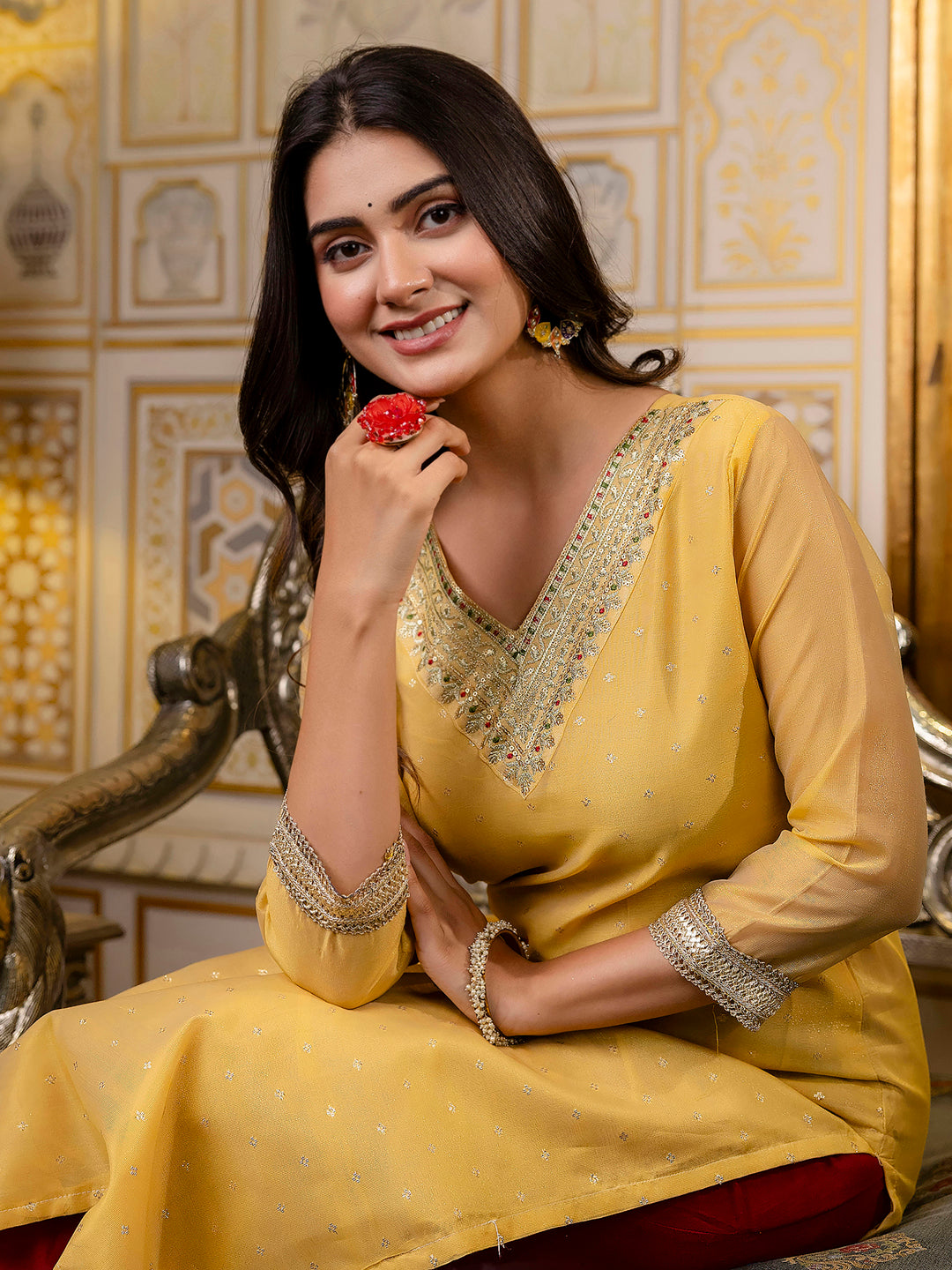 Surya Women Embroidered Silk Blend Straight Kurta