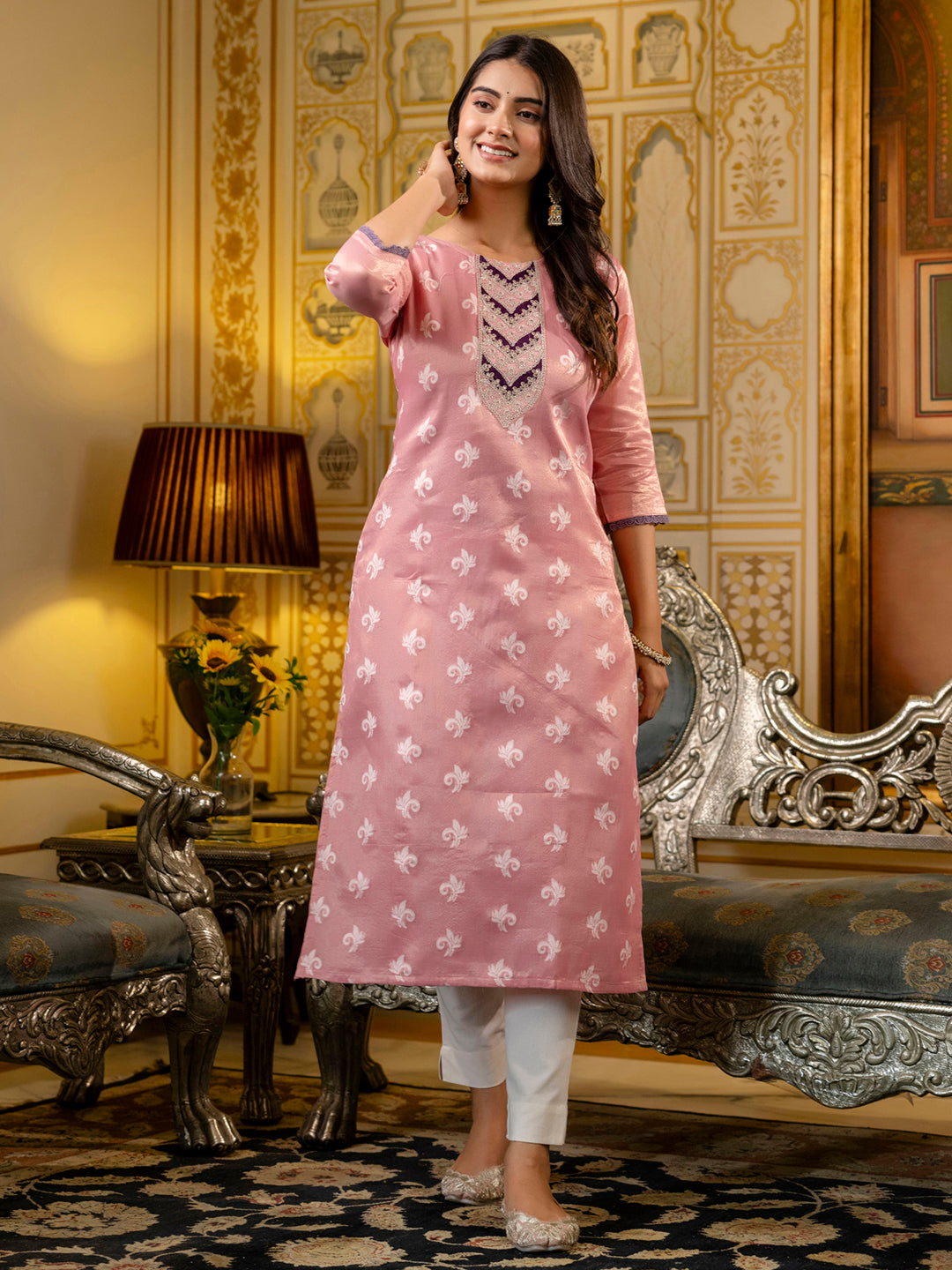 Shailee  Women Embroidered Silk Blend Straight Kurta