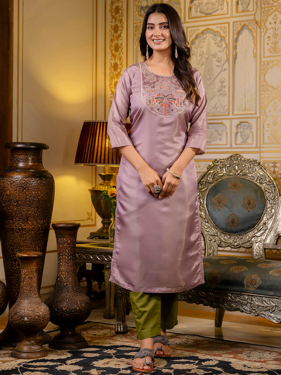 Madhurya  Women Embroidered shimmer Silk Blend Straight Kurta