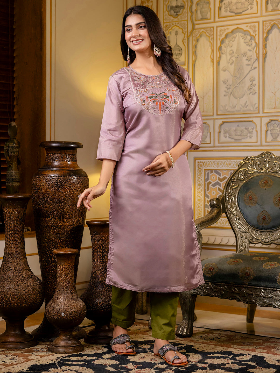 Madhurya  Women Embroidered shimmer Silk Blend Straight Kurta