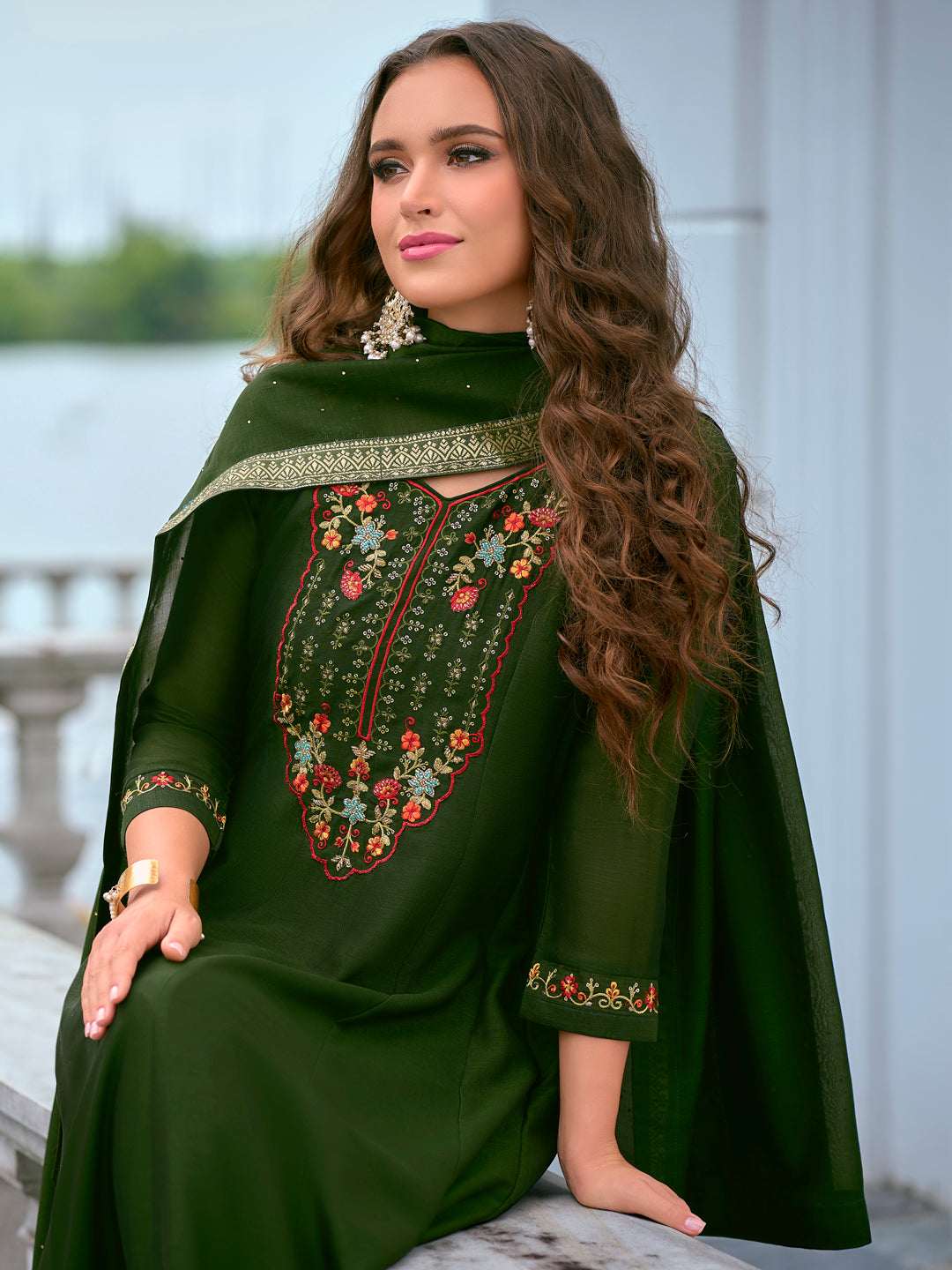 Palavi Women Silk Blend Anarkali Kurta Pant Dupatta Set