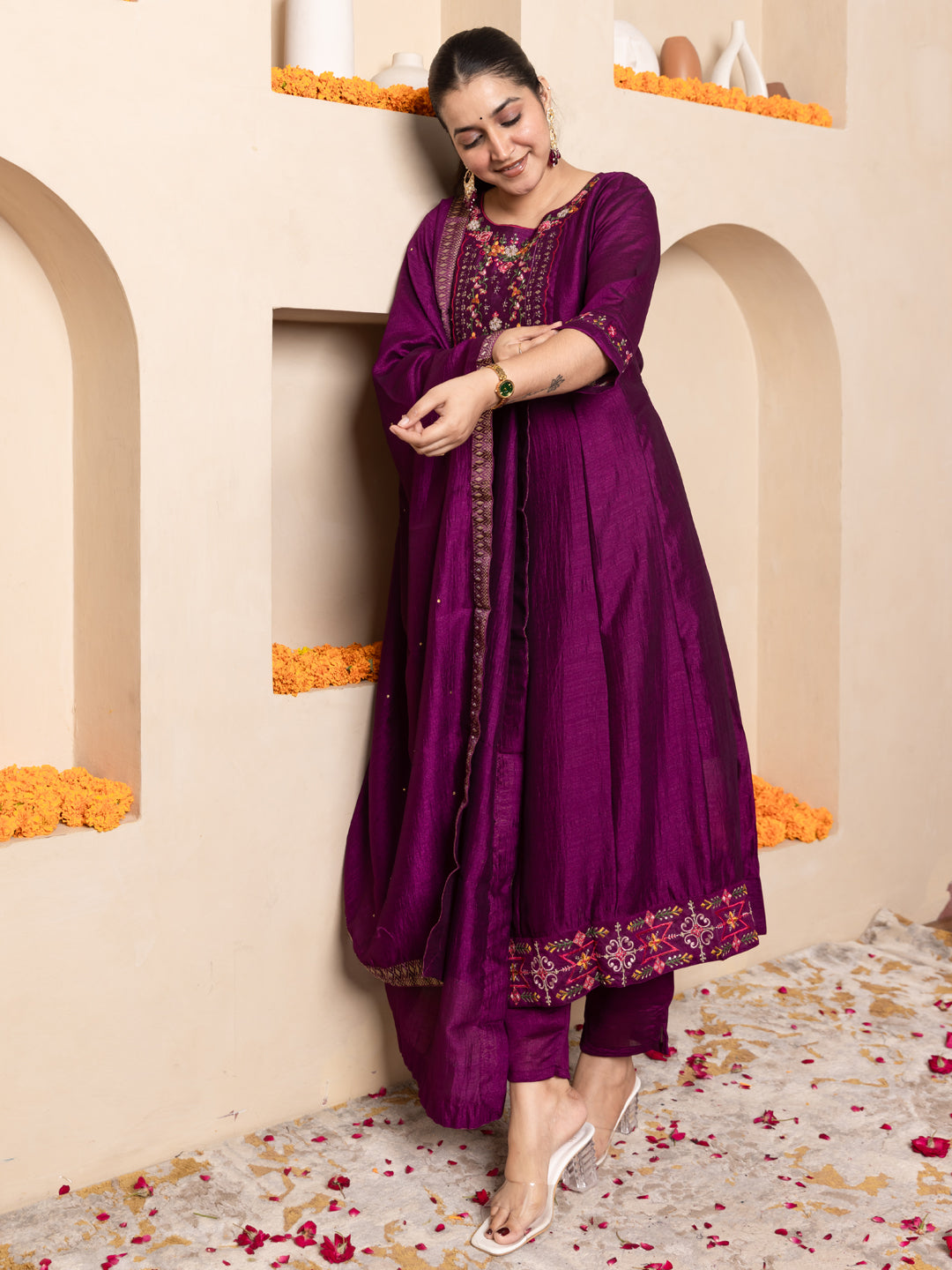 Kritavi Purple Women Silk Blend Kurta Pant Dupatta Set