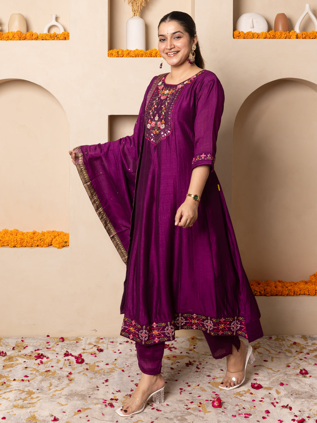 Kritavi Purple Women Silk Blend Kurta Pant Dupatta Set
