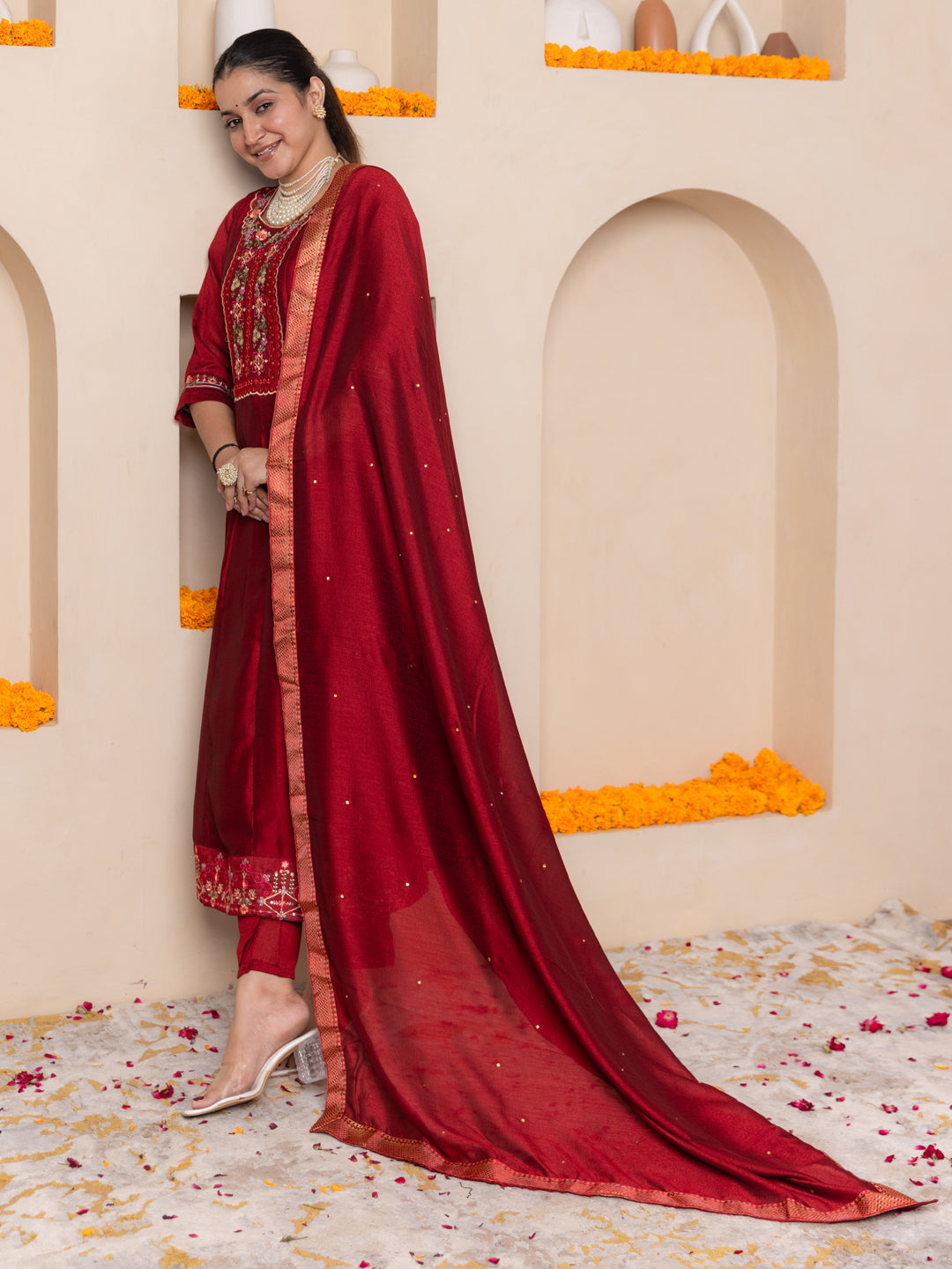 Arohini Red Women Silk Blend Anarkali Kurta Pant Dupatta Set