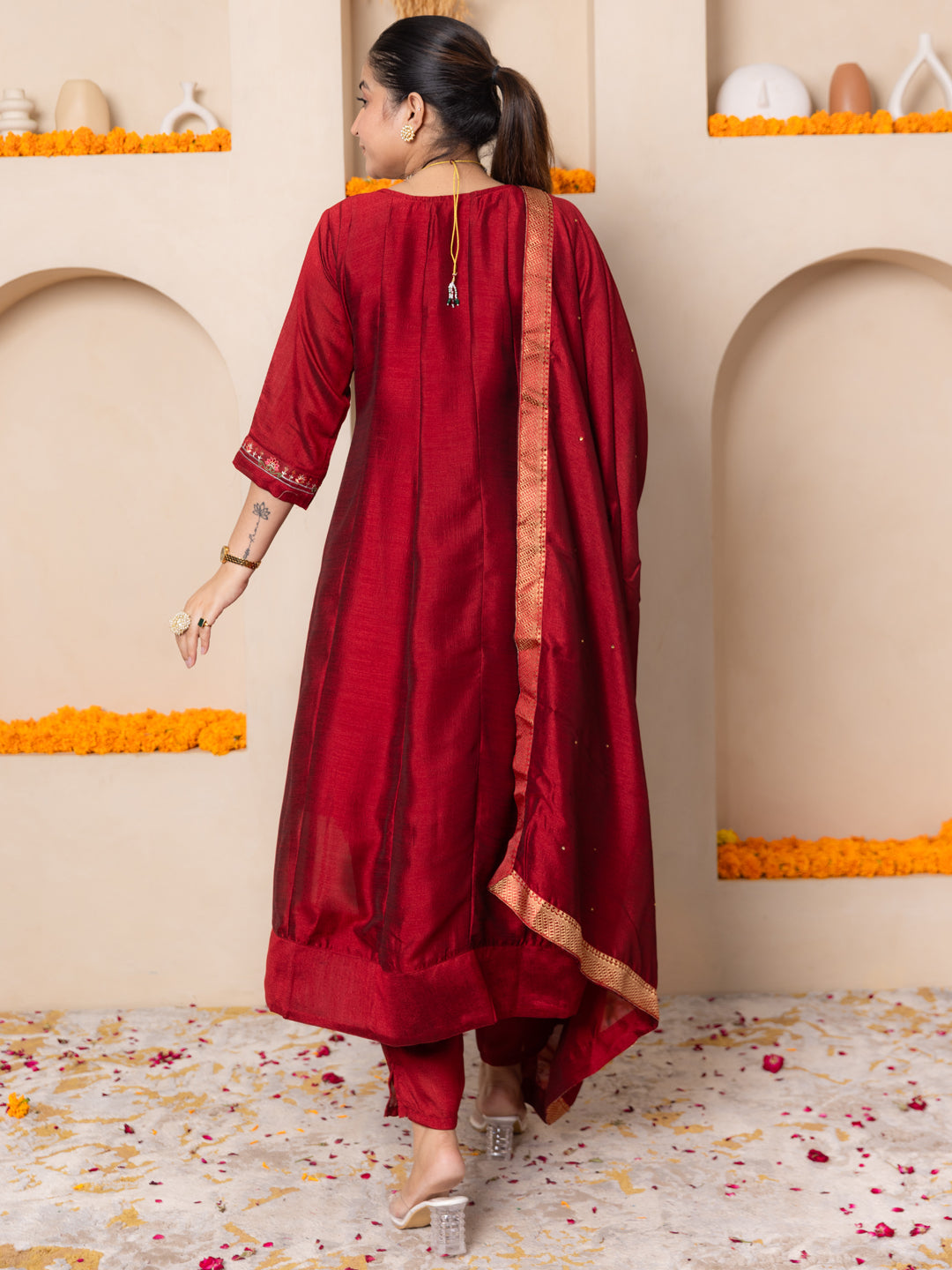 Arohini Red Women Silk Blend Anarkali Kurta Pant Dupatta Set