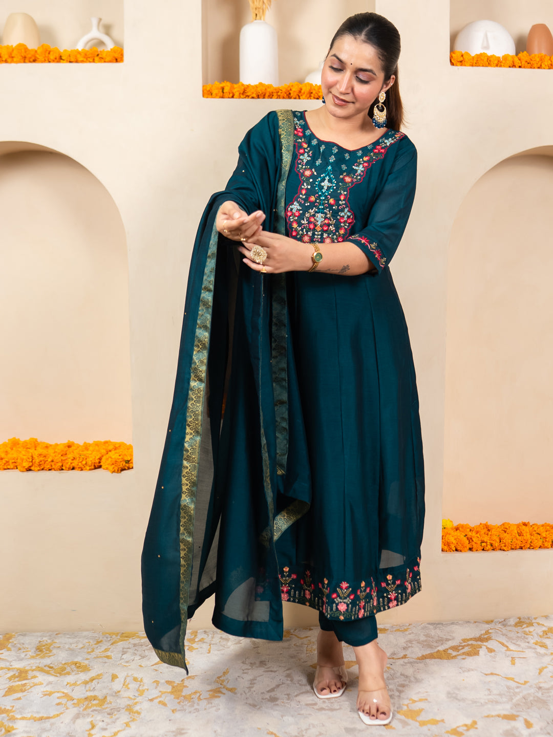 Pavya Teal Women Silk Blend Anarkali Kurta Pant Dupatta Set