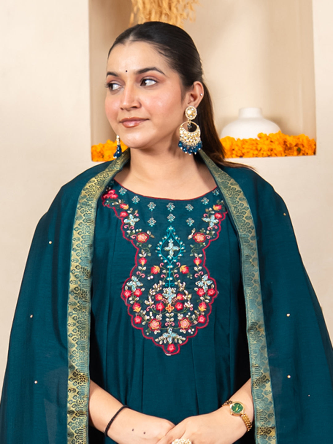 Pavya Teal Women Silk Blend Anarkali Kurta Pant Dupatta Set