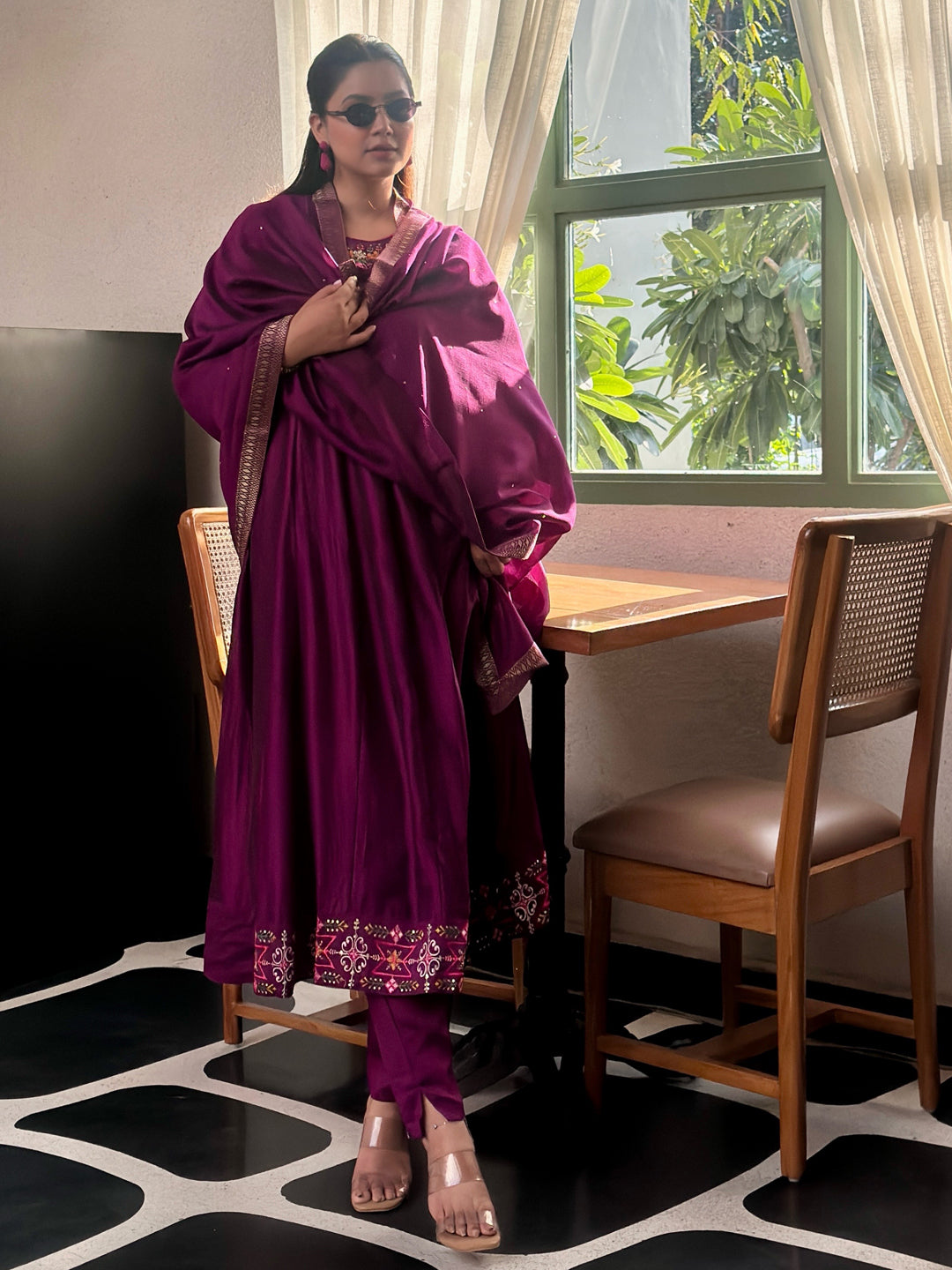 Tessa Purple Embroidered Silk Blend Anarkali Suit Set With Dupatta