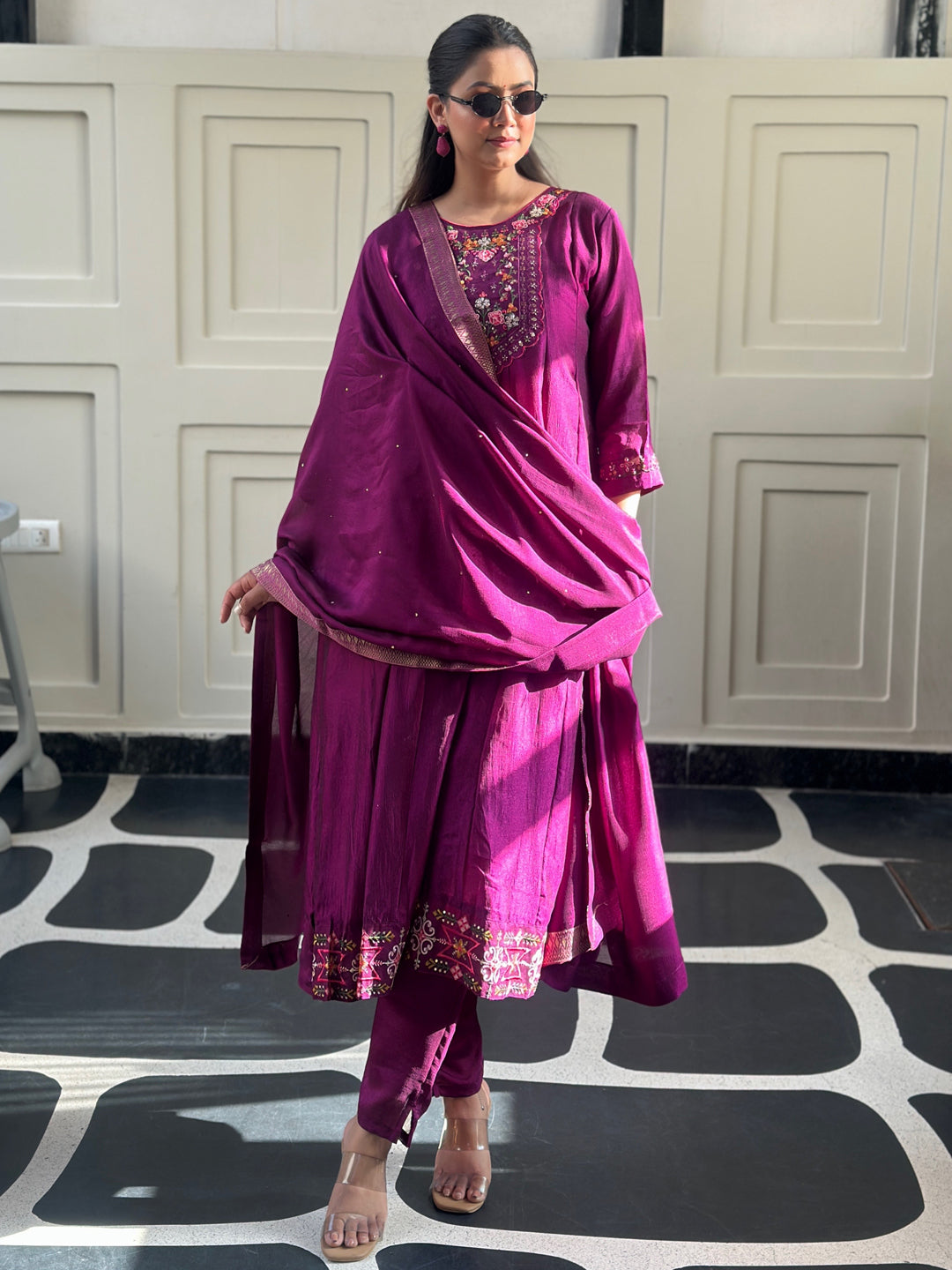 Tessa Purple Embroidered Silk Blend Anarkali Suit Set With Dupatta