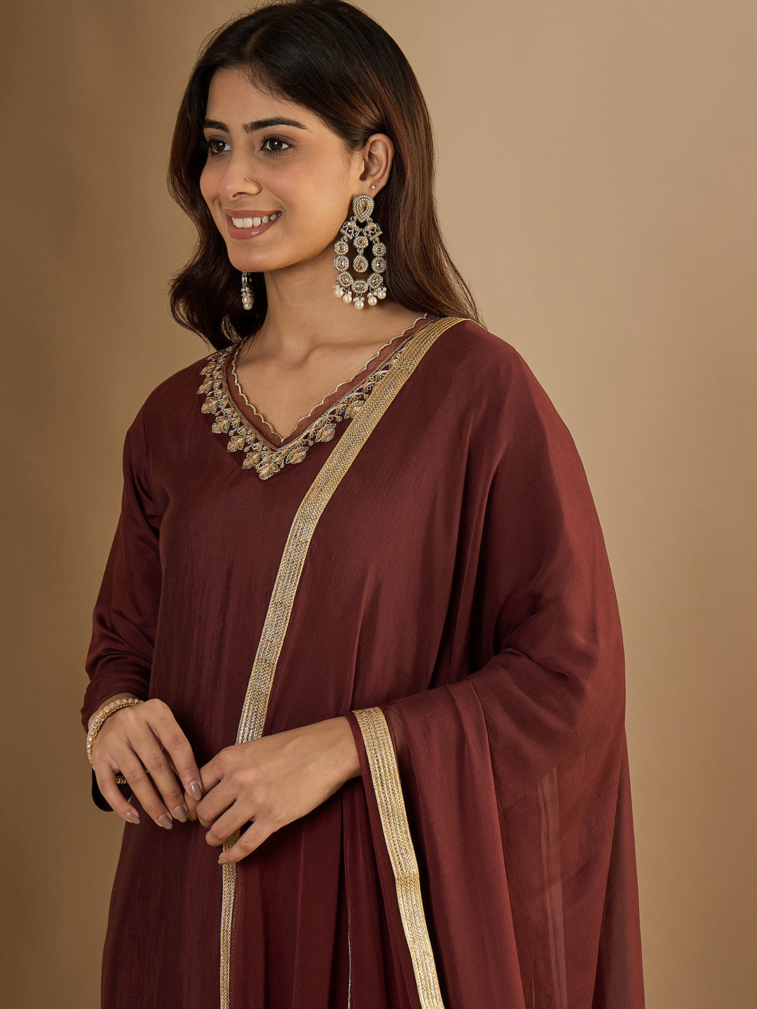 Pinaki Embroidered Silk Blend Calf Length Straight Kurta with Palazzo & Dupatta Set