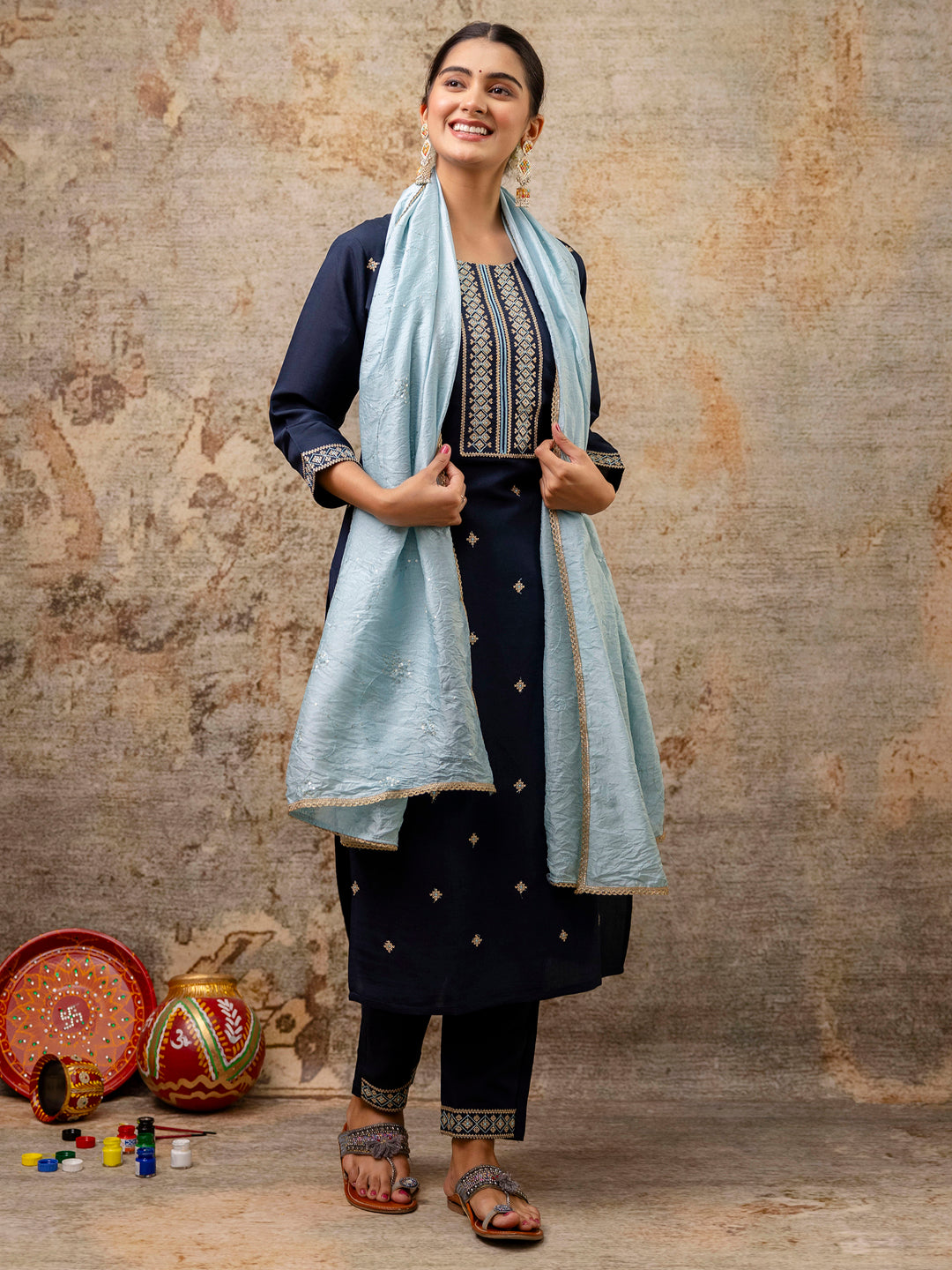 Pragati  Women Kurta and Pant Sets Silk Blend Fabric