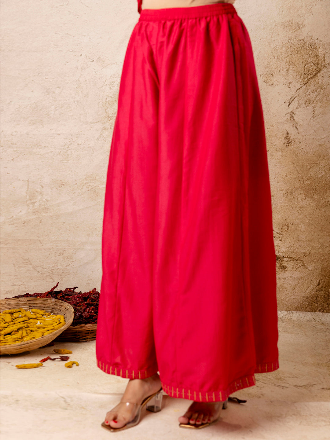 Rangoli Women's Embroidered Silk Blend Calf Length Flare Kurta with Palazzo & Dupatta Set