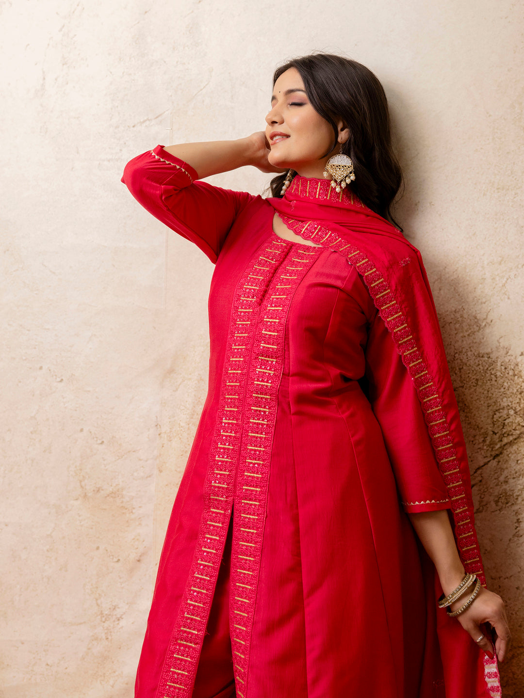 Rangoli Women's Embroidered Silk Blend Calf Length Flare Kurta with Palazzo & Dupatta Set