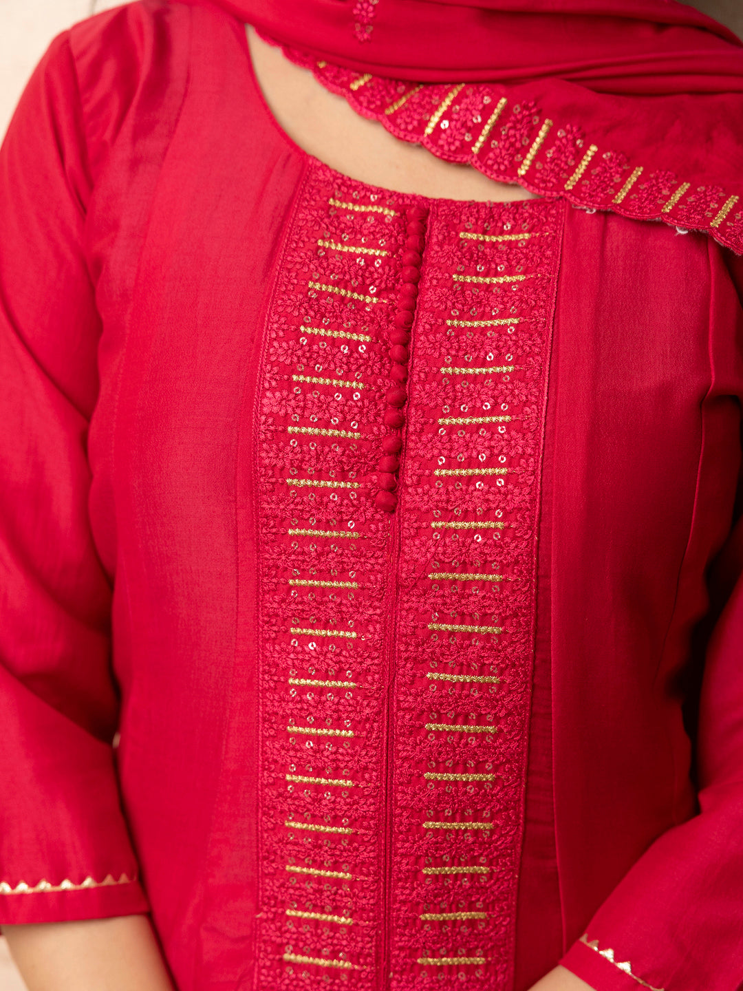 Rangoli Women's Embroidered Silk Blend Calf Length Flare Kurta with Palazzo & Dupatta Set