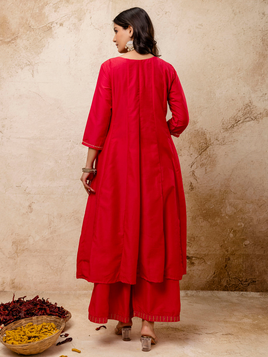 Rangoli Women's Embroidered Silk Blend Calf Length Flare Kurta with Palazzo & Dupatta Set