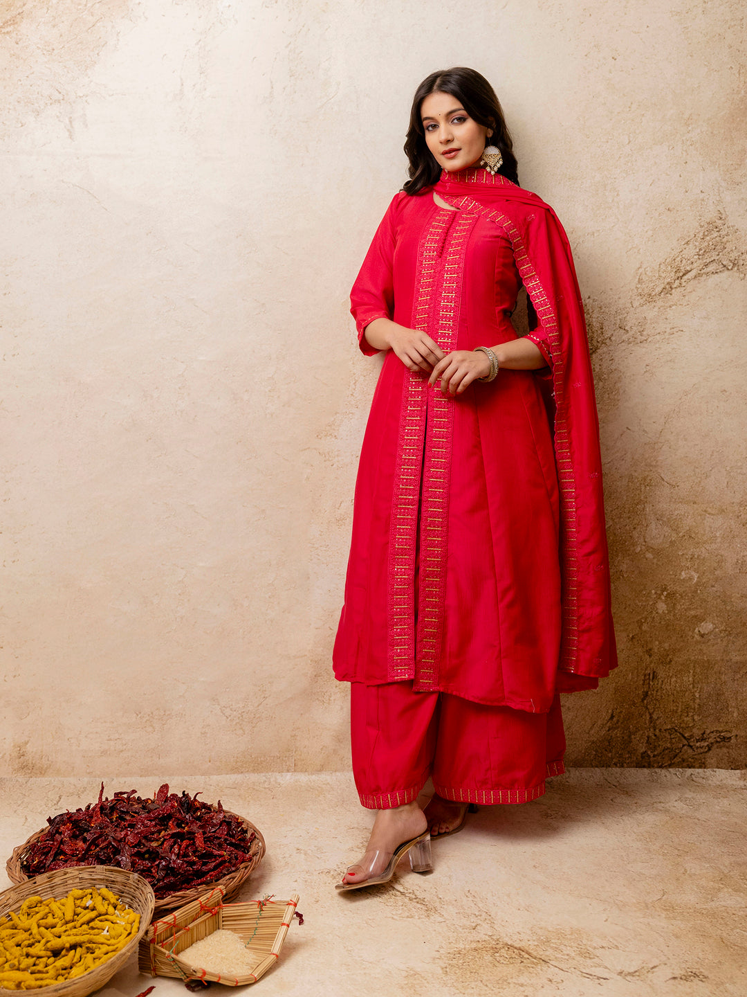 Rangoli Women's Embroidered Silk Blend Calf Length Flare Kurta with Palazzo & Dupatta Set
