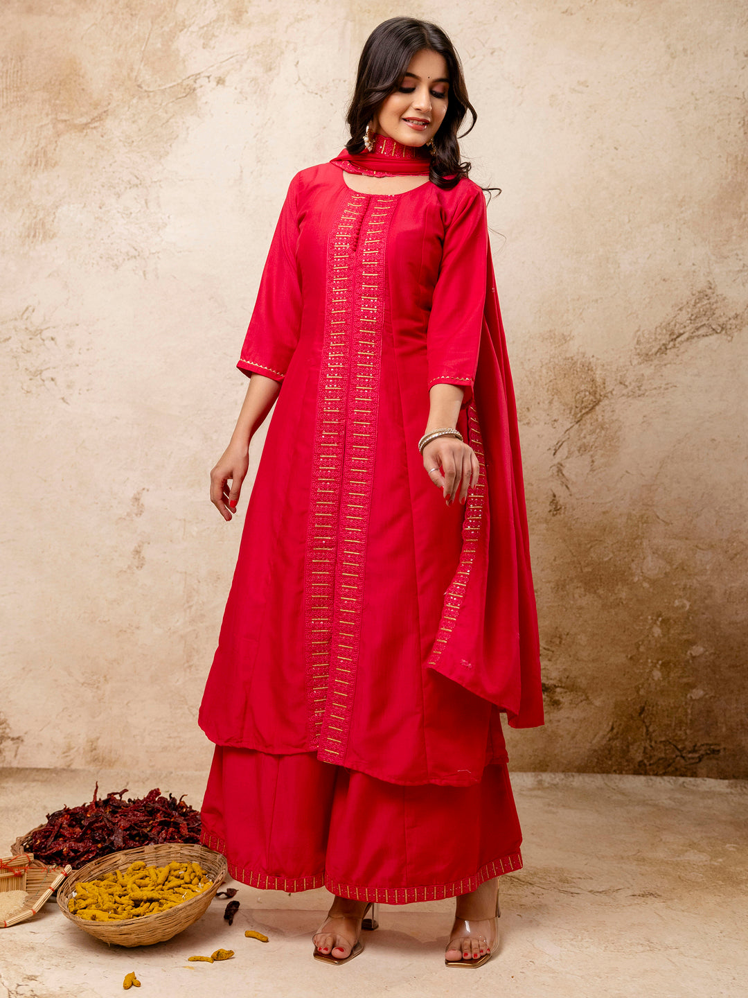 Rangoli Women's Embroidered Silk Blend Calf Length Flare Kurta with Palazzo & Dupatta Set