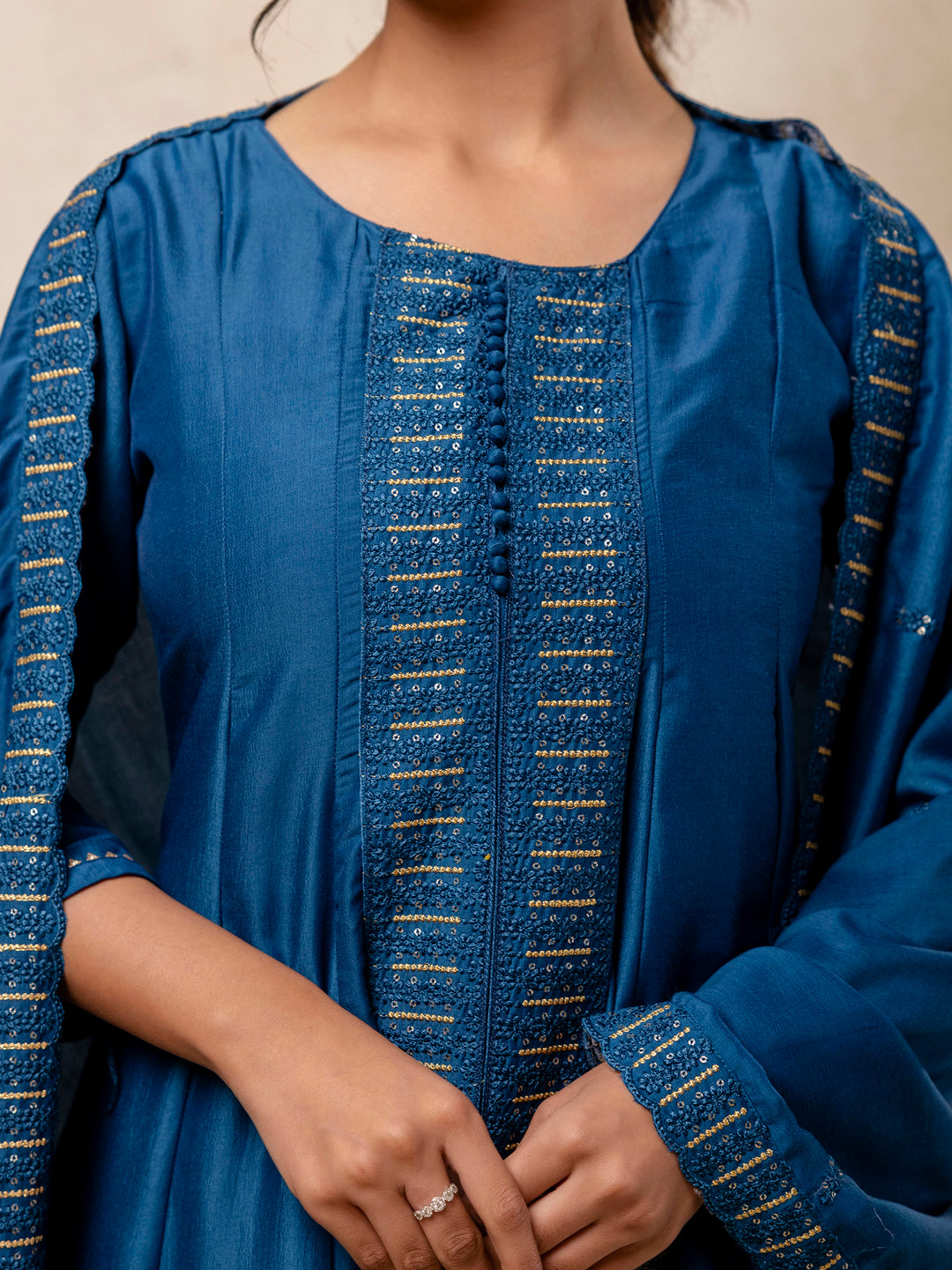 Bhavani Women's Embroidered Silk Blend Calf Length Flare Kurta with Palazzo & Dupatta Set
