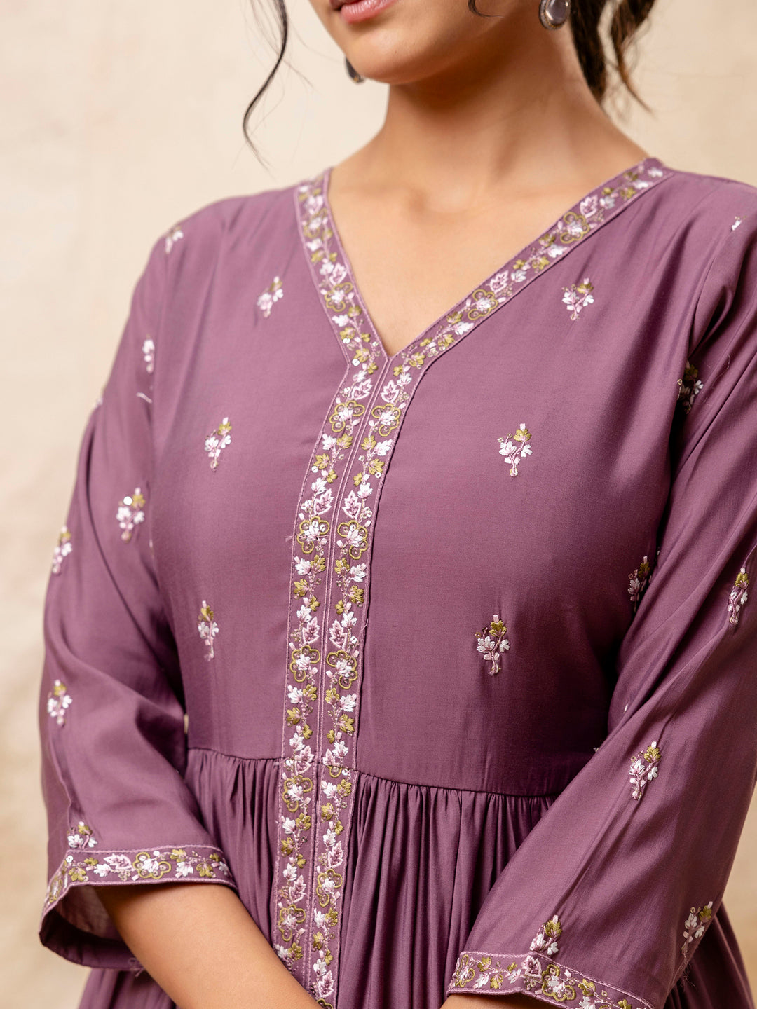Brinda  Women's Embroidered Silk Blend Calf Length Flare Kurta with Palazzo & Dupatta Set