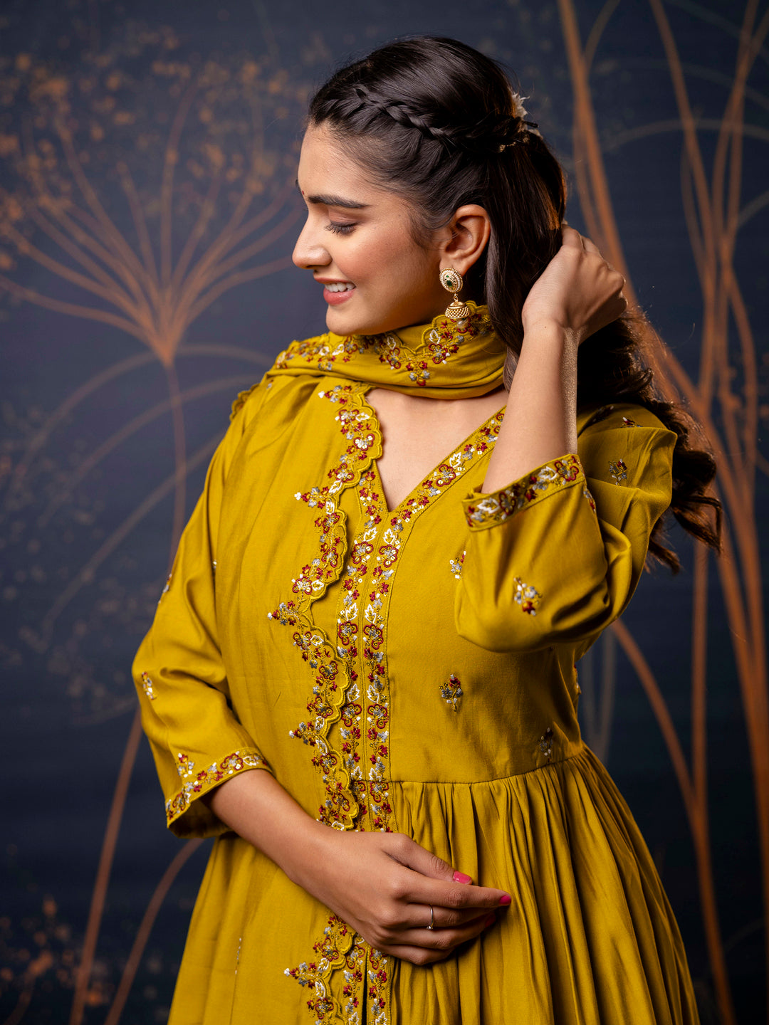 Devika Women's Embroidered Silk Blend Calf Length Flare Kurta with Palazzo & Dupatta Set