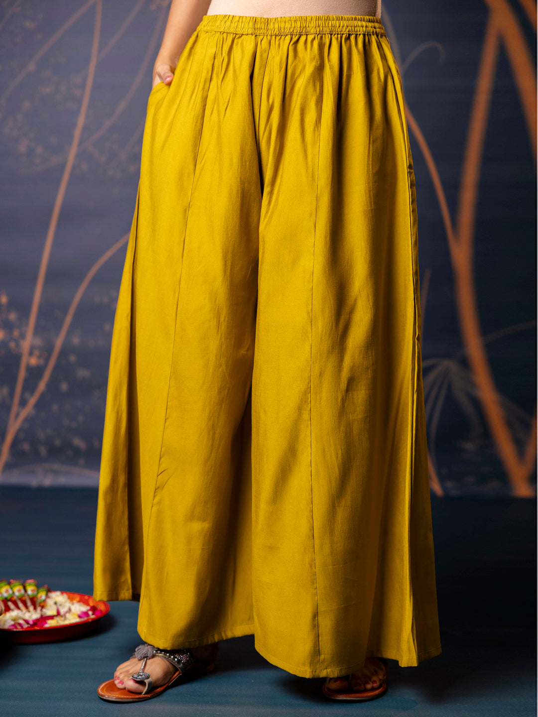 Devika Women's Embroidered Silk Blend Calf Length Flare Kurta with Palazzo & Dupatta Set