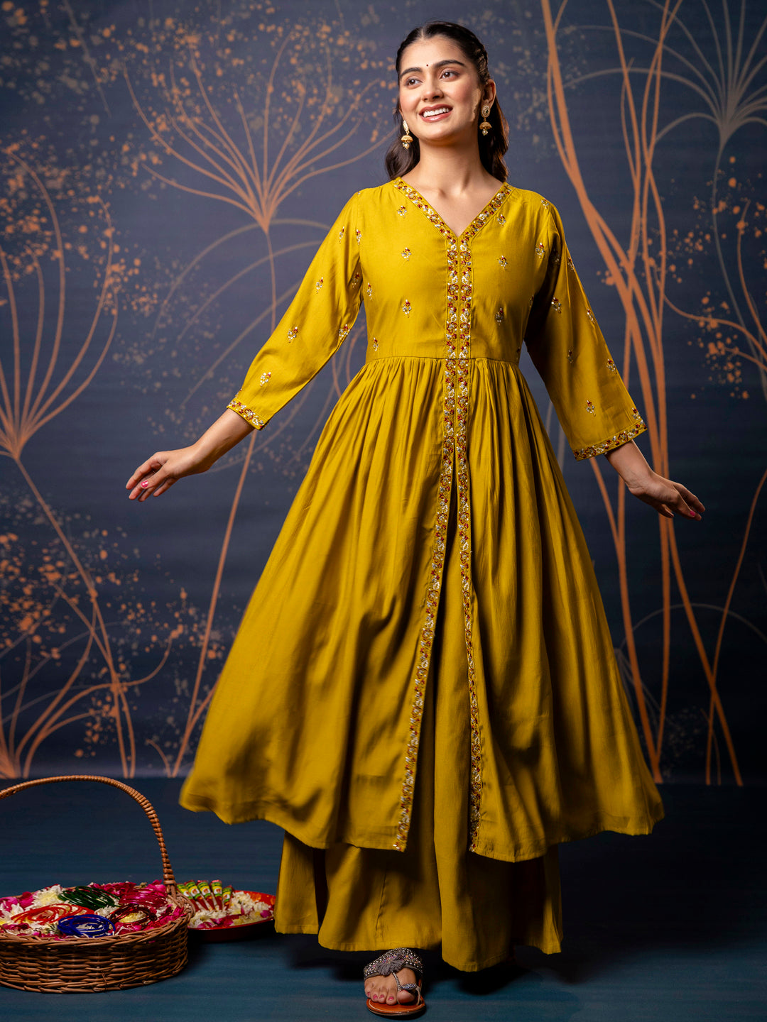 Devika Women's Embroidered Silk Blend Calf Length Flare Kurta with Palazzo & Dupatta Set