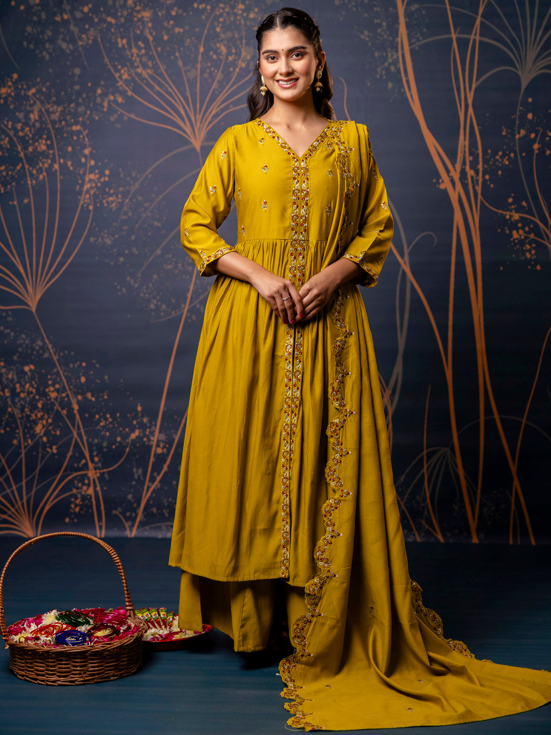 Devika Women's Embroidered Silk Blend Calf Length Flare Kurta with Palazzo & Dupatta Set