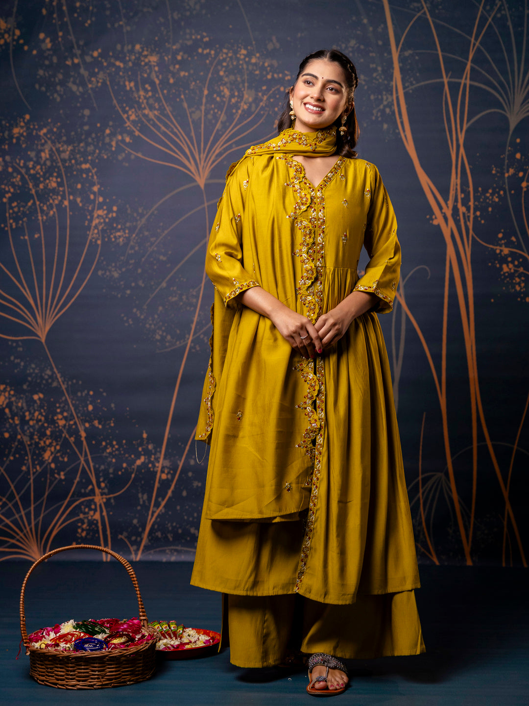 Devika Women's Embroidered Silk Blend Calf Length Flare Kurta with Palazzo & Dupatta Set