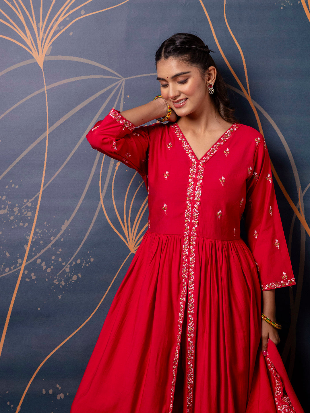 Chetna Women's Embroidered Silk Blend Calf Length Flare Kurta with Palazzo & Dupatta Set
