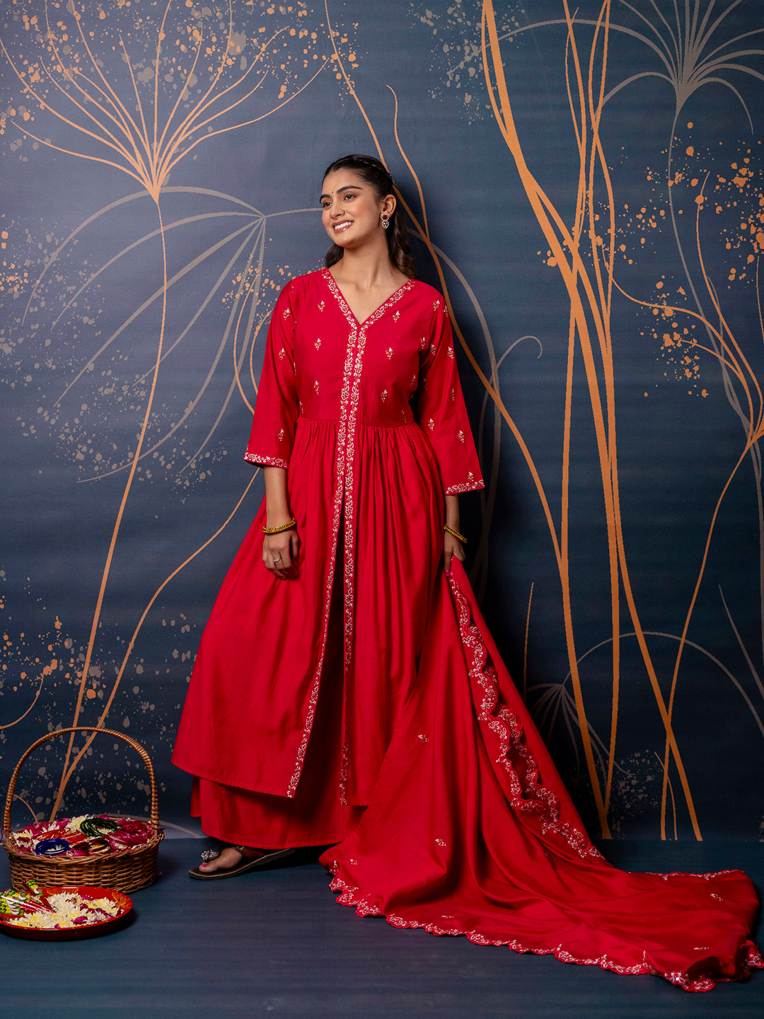 Chetna Women's Embroidered Silk Blend Calf Length Flare Kurta with Palazzo & Dupatta Set