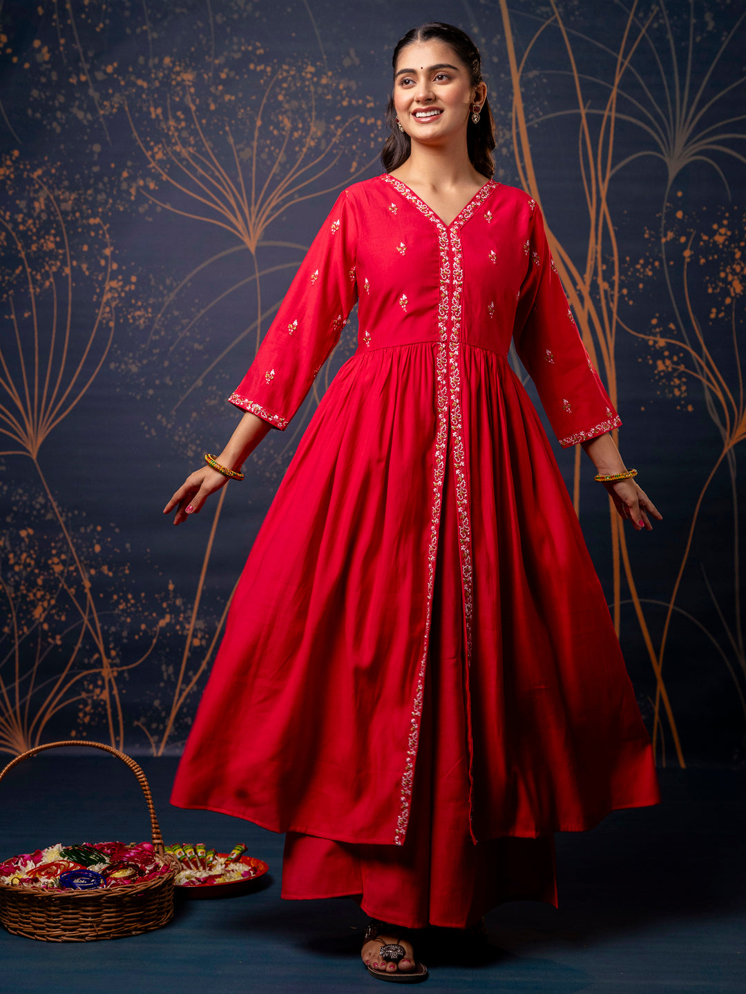 Chetna Women's Embroidered Silk Blend Calf Length Flare Kurta with Palazzo & Dupatta Set
