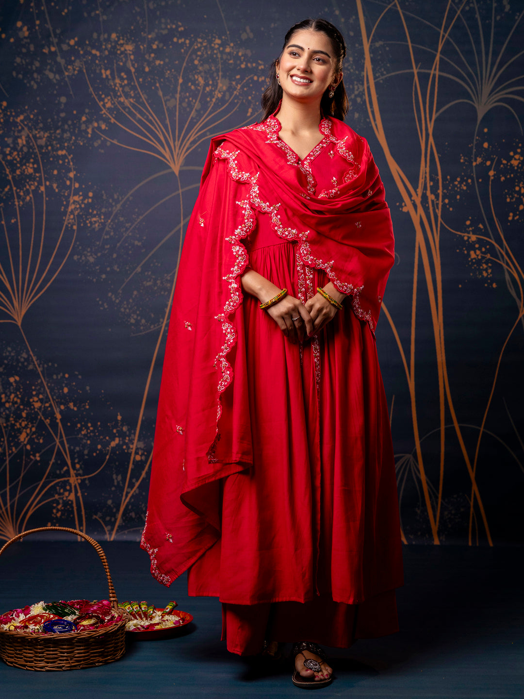 Chetna Women's Embroidered Silk Blend Calf Length Flare Kurta with Palazzo & Dupatta Set