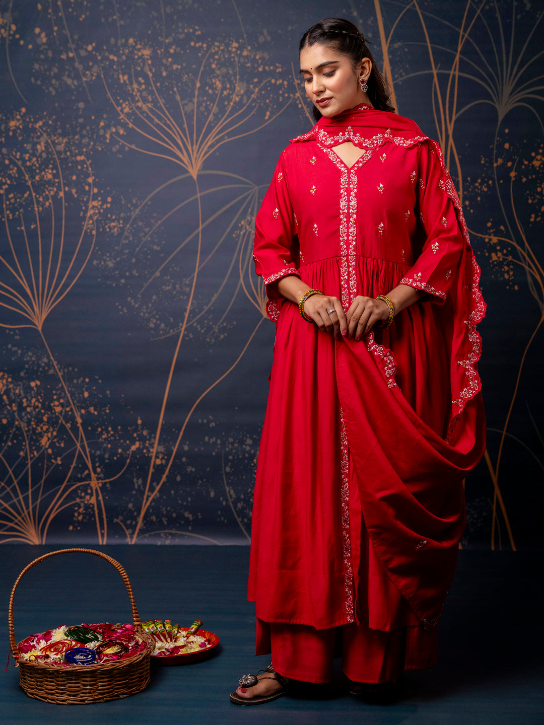 Chetna Women's Embroidered Silk Blend Calf Length Flare Kurta with Palazzo & Dupatta Set