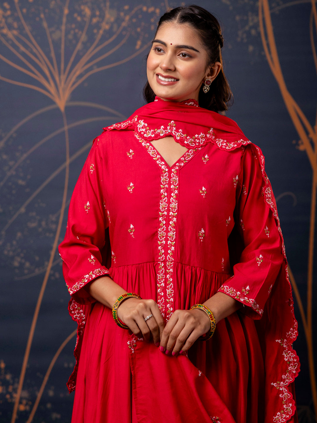 Chetna Women's Embroidered Silk Blend Calf Length Flare Kurta with Palazzo & Dupatta Set