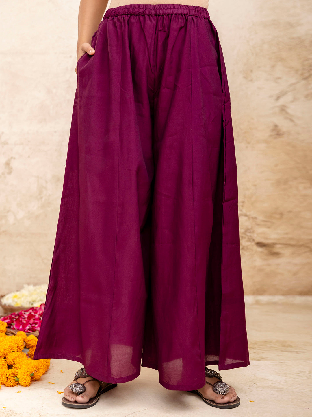 Kriti Women's Embroidered Silk Blend Calf Length Flare Kurta with Palazzo & Dupatta Set