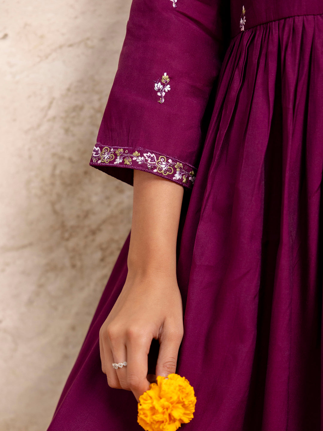 Kriti Women's Embroidered Silk Blend Calf Length Flare Kurta with Palazzo & Dupatta Set